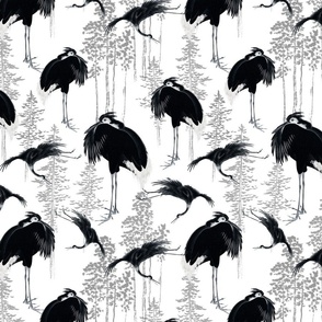 Antiqued  asian black hand painted cranes in forest - white
