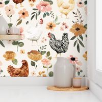Watercolor Chicken Floral on Textured Cream 24 inch