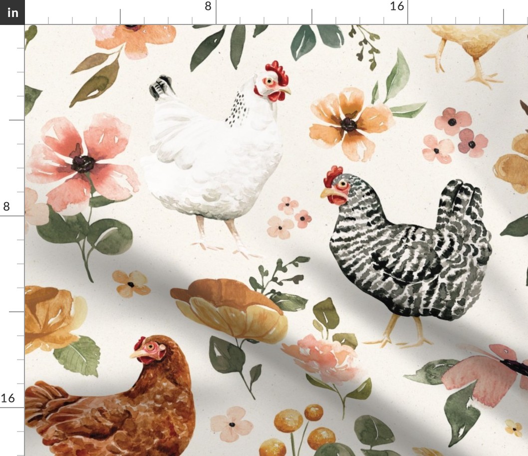 Watercolor Chicken Floral on Textured Cream 24 inch