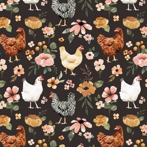 Watercolor Chicken Floral on Muted Black 12 inch