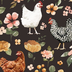 Watercolor Chicken Floral on Muted Black 24 inch