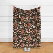 Boho Highland Cow Floral on Muted Black 24 inch