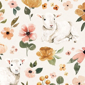 Boho Floral Lambs on Textured Cream 24 inch