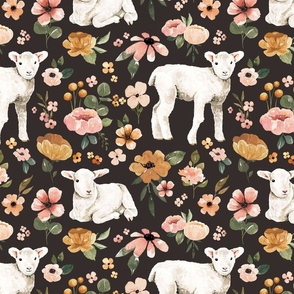 Boho Floral Lambs on Muted Black 12 inch