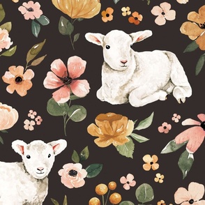 Boho Floral Lambs on Muted Black 24 inch