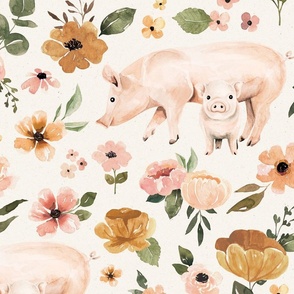 Boho Floral Pigs on Textured Cream 24 inch