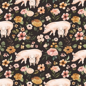 Boho Floral Pigs on Muted Black 12 inch
