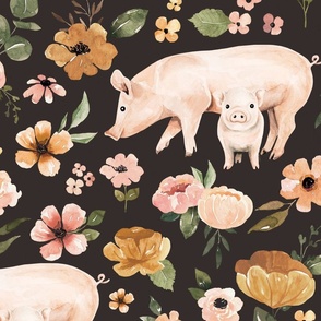Boho Floral Pigs on Muted Black 24 inch