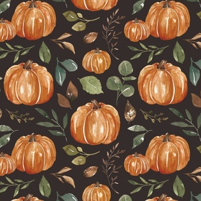Boho Leaves and Pumpkins on Textured Black 12 inch