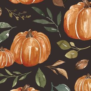 Boho Leaves and Pumpkins on Textured Black 24 inch