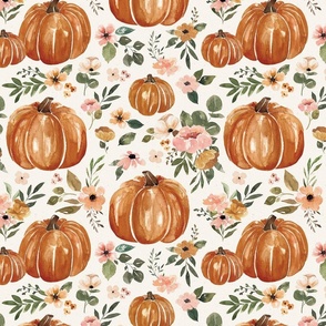 Watercolor Boho Pumpkin Floral on Textured Cream 12 inch