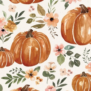 Watercolor Boho Pumpkin Floral on Textured Cream 24 inch