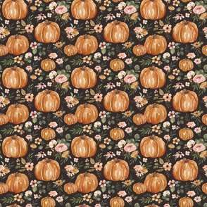 Watercolor Pumpkin Floral on Muted Black 6 inch