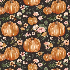 Watercolor Pumpkin Floral on Muted Black 12  inch