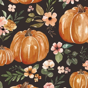 Watercolor Pumpkin Floral on Muted Black 24 inch