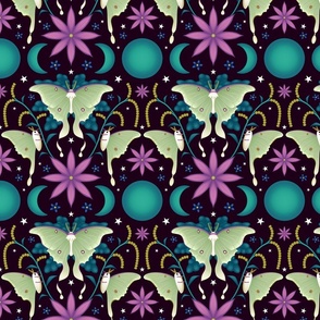Dreamy Luna Moth with Moons and Stars in Magenta and Teal