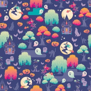 Cute Spooky Halloween Forest in lilac, green and reddish colors on purple background