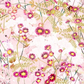 Pink daisies and wild flowers on a pastel pink vintage linen textured background