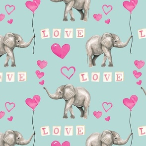 Valentines Elephant and Pink Hearts on Blue 12 inch