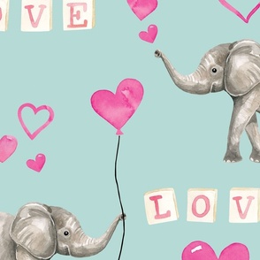 Valentines Elephant and Pink Hearts on Blue 24 inch
