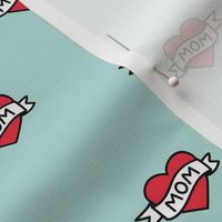 Minimalist Mom Tattoo - Valentine & mother's day hearts mom design red on teal blue