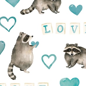 Watercolor Blue Valentines Raccoon Hearts 24 inch