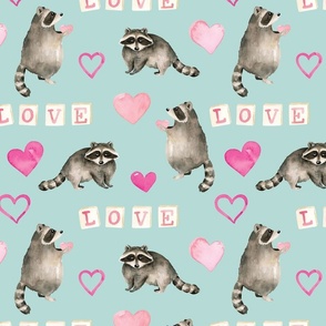 Watercolor Valentines Raccoon and Pink Hearts on Blue 12 inch