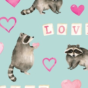 Watercolor Valentines Raccoon and Pink Hearts on Blue 24 inch