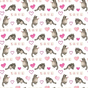 Watercolor Valentines Raccoon and Pink Hearts 6 inch