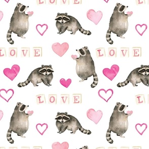 Watercolor Valentines Raccoon and Pink Hearts 12 inch