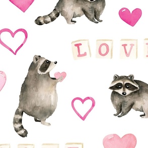 Watercolor Valentines Raccoon and Pink Hearts 24 inch