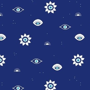 Sunshine stars and lucky charms - arabic evil eye symbols blue white navy