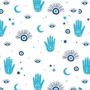 Evil eye moon hand of fatima - spiritual arabic symbols turkish arab style blue navy on white
