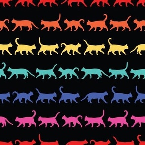 Colorful rows of walking cats on black, minimal, cats are 1 inch tall