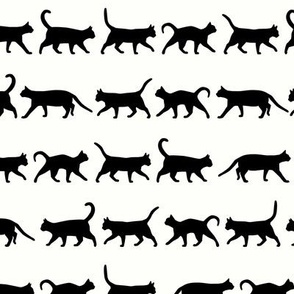 Walking black cats on a milk white background, minimal, cats are 1 inch tall