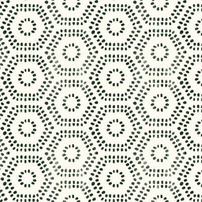 (small scale) block print boho hexagons - forest green/cream - LAD23