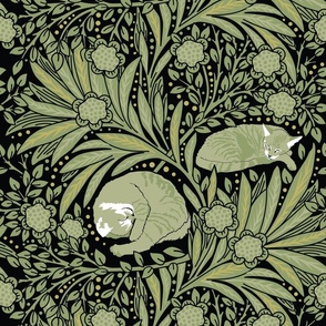Sage Green William Morris' Cats Sleeping in a Field of Flowers Foliage Vintage Antique