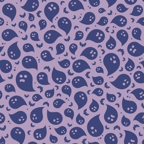 Cute Halloween Ghosts and Bats on purple background