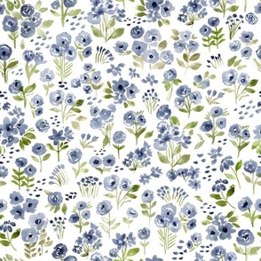 Blue Watercolor Flower Field on White _Standard Scale
