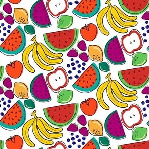 Fruits on White - Watermelon, Apple, Persimmon, Lemon, Strawberry, Lime, Blueberry, Banana