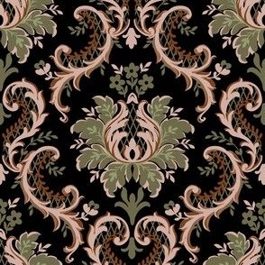 Intricate Victorian Floral Damask in Green and Regency Pink on Black - Coordinate