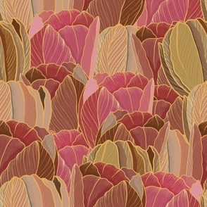 Crowded Tulip Blossoms in Pink, Gold, and Mauve