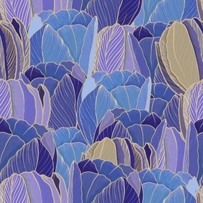 Crowded Tulip Blossoms in Sapphire, Amethyst, and Vanilla