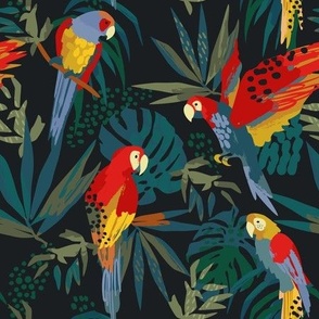 Multicolor Tropical Parrots and Foliage on Black - Coordinate 1 of 5