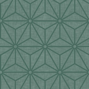 36 Geometric Stars- Japanese Hemp Leaves- Asanoha- Sashiko- Japandi- Linen Texture on Pine Green Background- Petal Solids Coordinate- Large