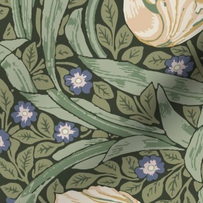 Pimpernel William Morris - 1130 large // antique green, ecru and blue - dark bg