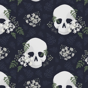 [large] Skulls and Poison Hemlock Flowers - midnight black