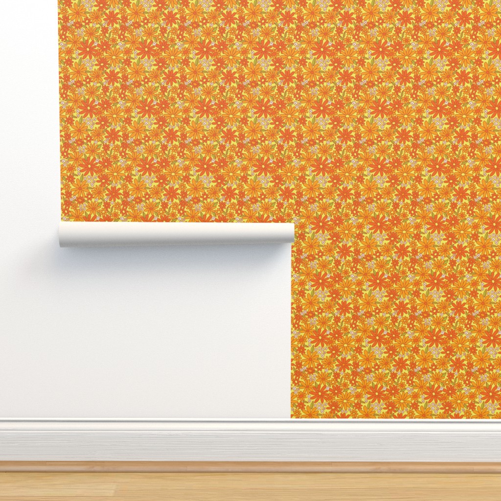 Groovy Floral Print - Orange and Yellow Wallpaper | Spoonflower