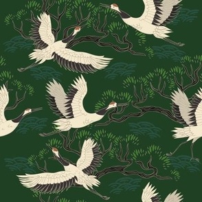 Japanese Cranes and Branches on Forest Green