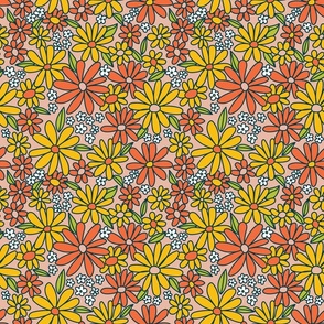 Groovy Floral Print - Coral Pink and Yellow